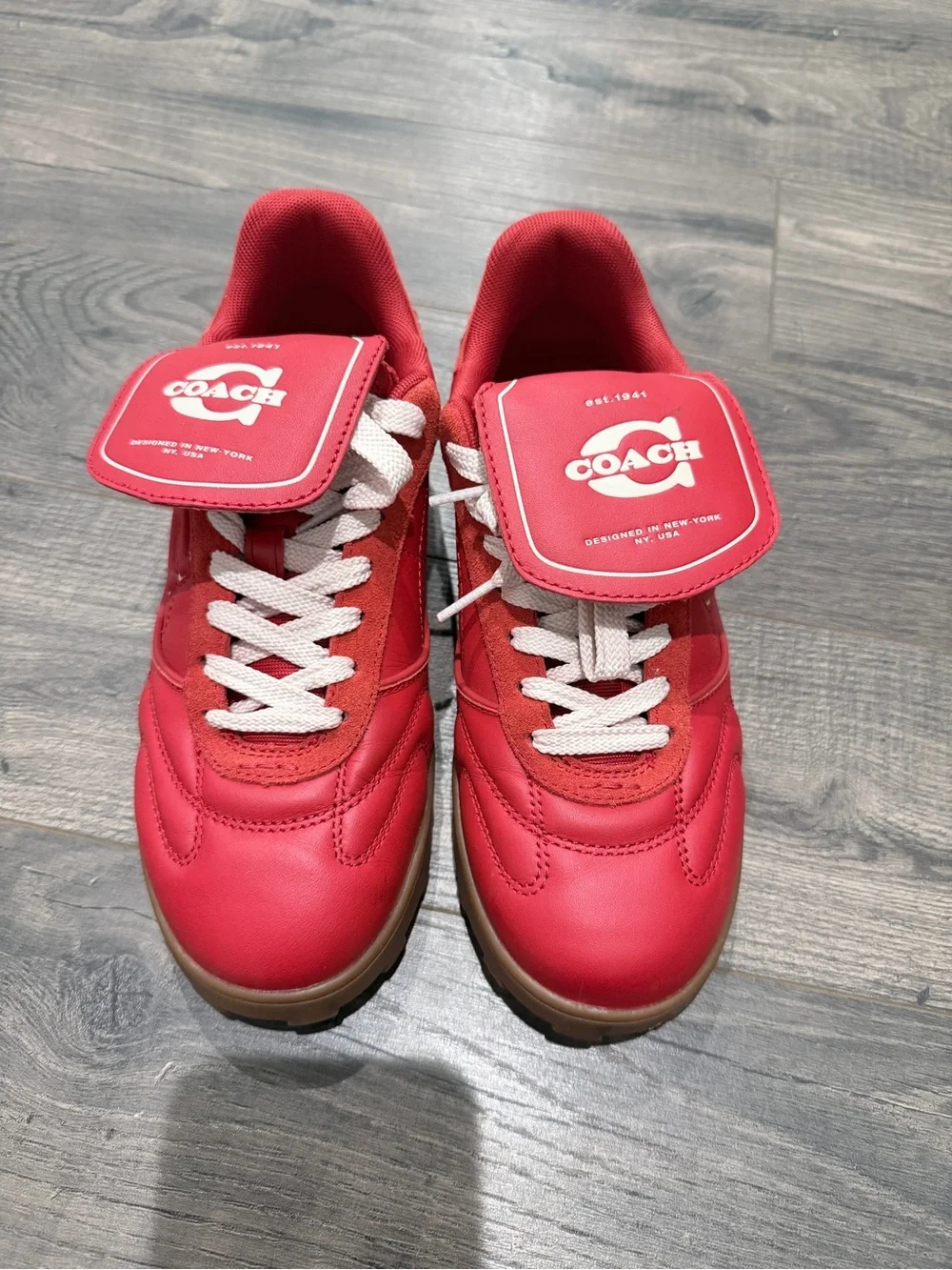 Coach Kids Red Leather & Suede C Court Sneaker